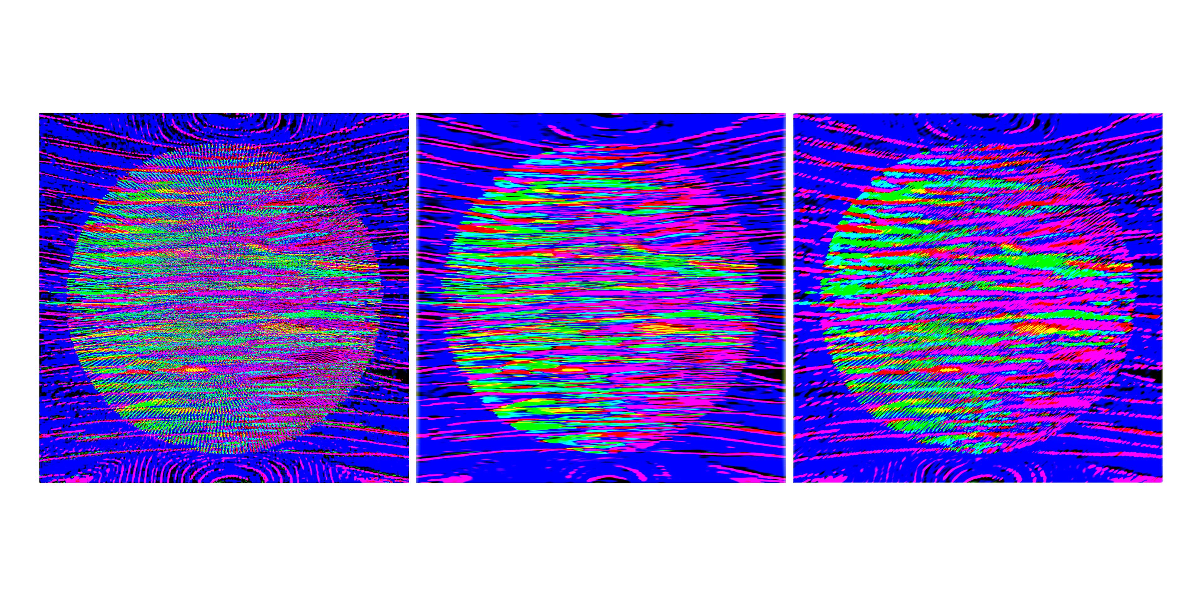 This features a repeated 3 images of a distorted circle in a square with a bright blue background. Each are slightly different but they are all bright, neon colours including blue, green, pink, and red. The grains are varying weights and threads which run horizontally along the circles. 