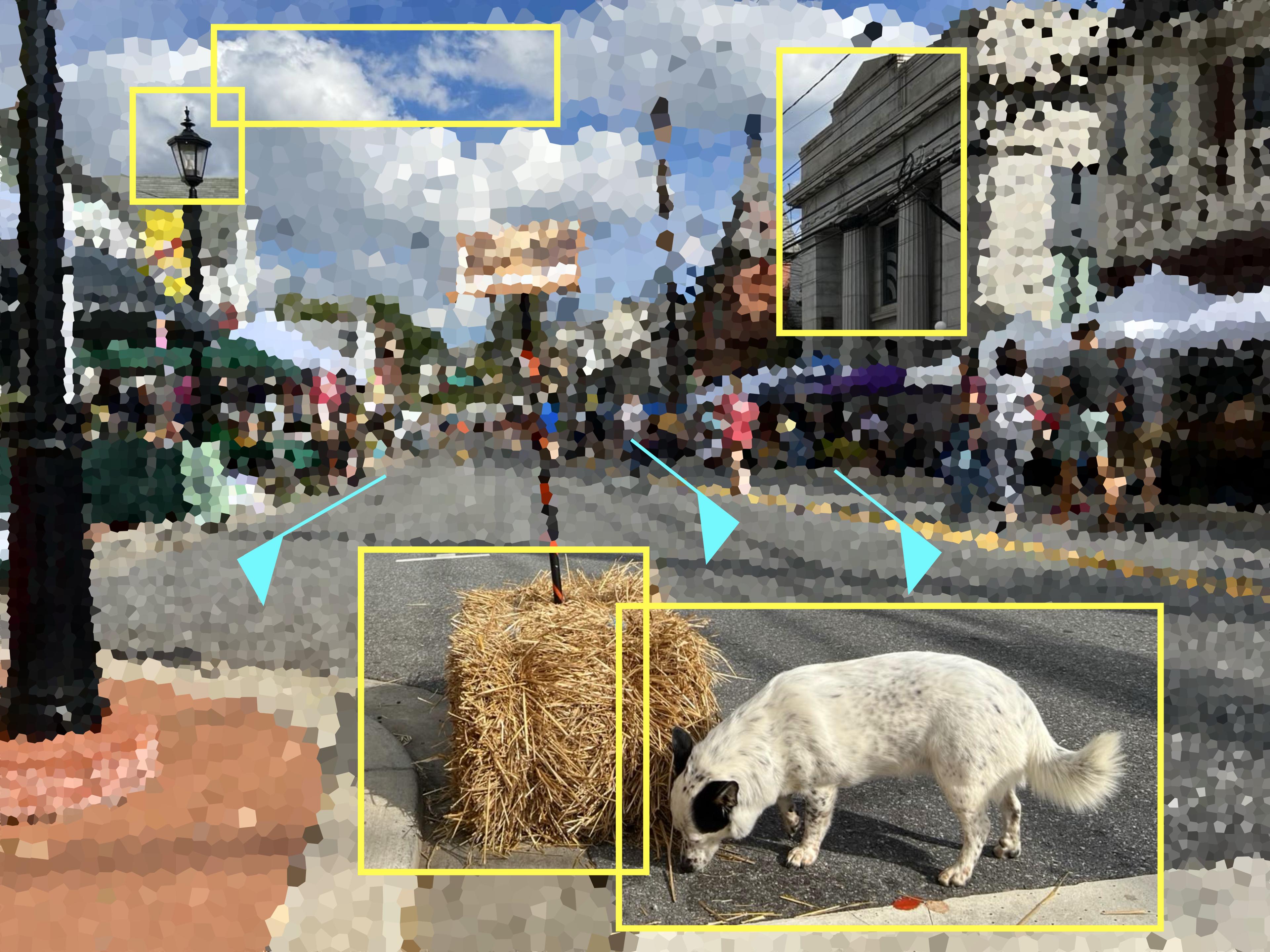 The image shows a pixelated image of a street. While it is heavily pixelated, you can make out lamposts, people walking on the sidewalks, and stalls/buildings that line wach side of the road. In the forefront, there is a stack of hay and a dog which is sniffing it. There are various yellow boxes outlining different parts of the image including: the light of a lamp post, the dog, a hay stack, and an old-style building. 