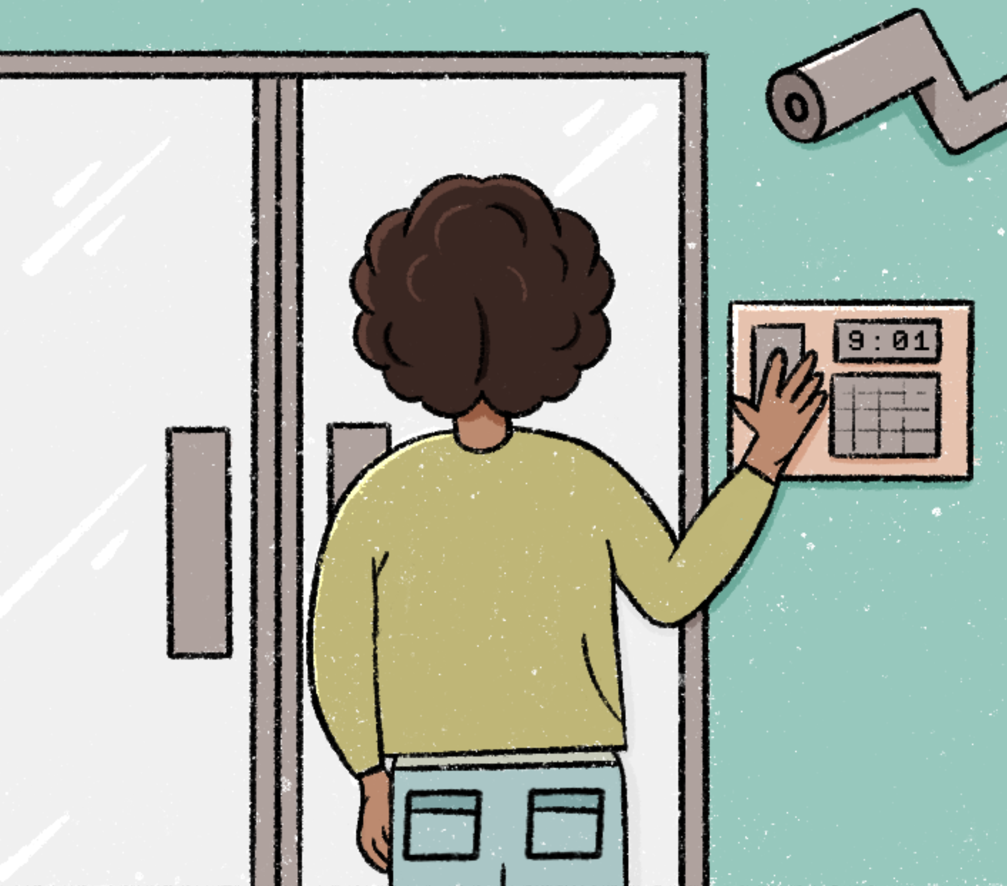 The back of an individual is shown as they are placing their hand on a finger print scanner. In the right corner, there is also a CCTV surveillance camera which is directed at the individual. 
