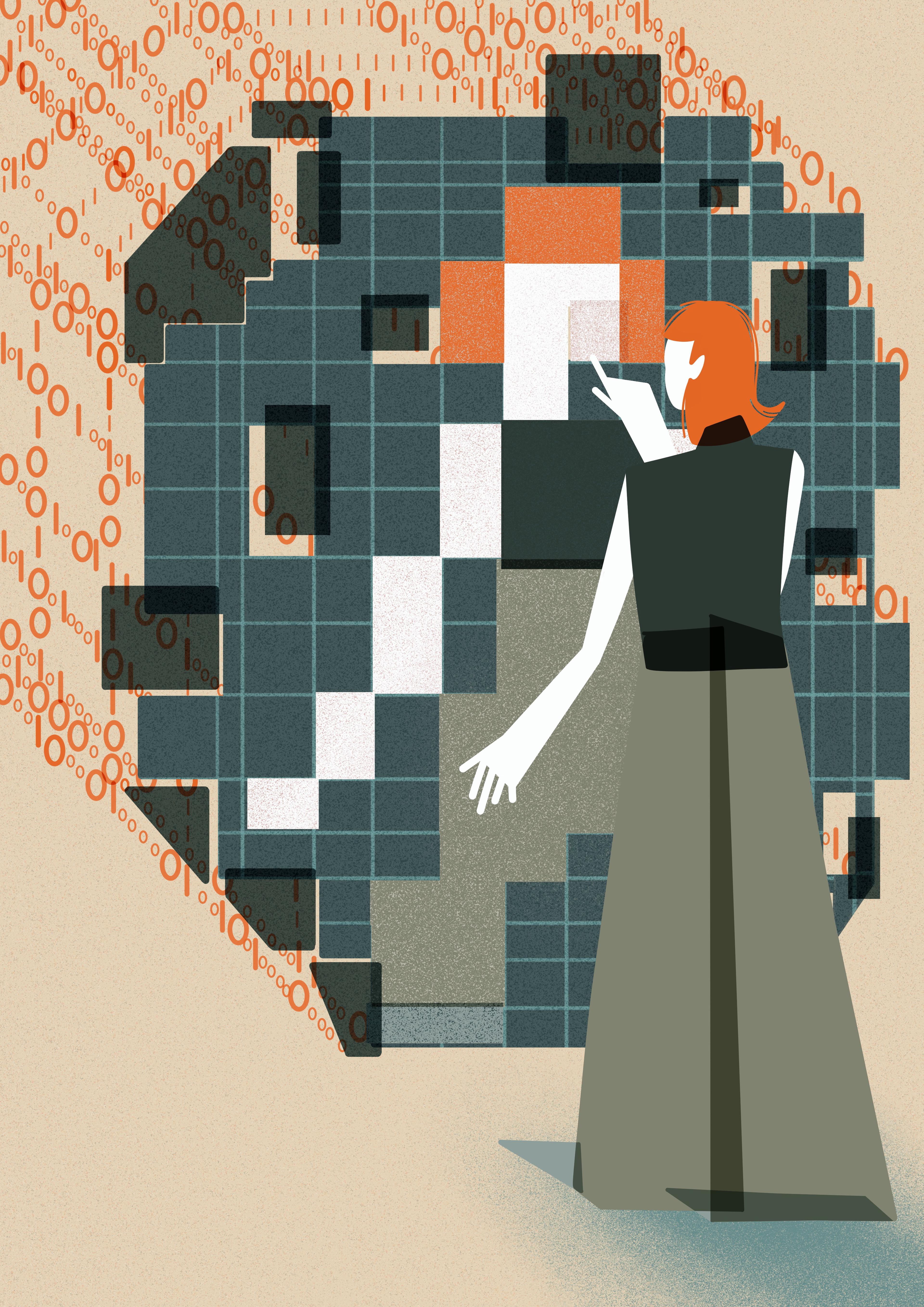 This image shows an individual with orange hair interacting with a large, abstract digital mirrored structure. The structure is composed of squares in varying shades of green, orange, white, and black which are pieced together to reflect the individual’s figure. The figure's hand is extended as if pointing to or interacting with the mirrored structure. Behind the  structure are streams of binary code (0s and 1s) in orange, flowing towards the digital grid.