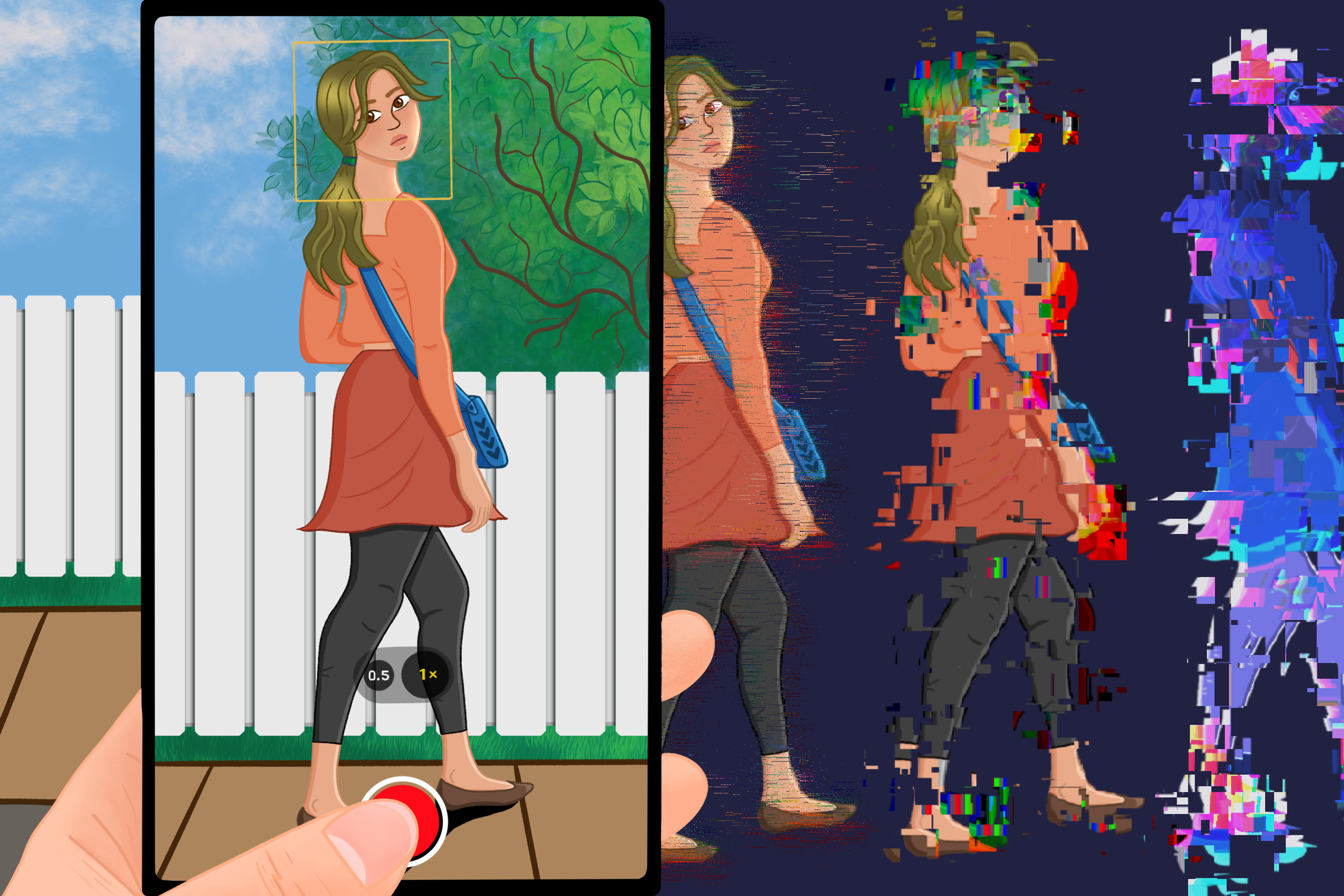 Inside the frame of a mobile phone screen, a woman is depicted walking and looking over her shoulder. Behind her, there is an outdoor scene with the sky, tree, fences, and pavement. A hand is shown grabbing the phone and tapping the record button. On the left side of the phone, a small portion of the same sky, fences, and pavement is displayed in a different scale, representing the world outside the screen. On the right side of the phone, three figures of the same woman are shown against a plain blue background, progressively transforming from minimally glitched to heavily glitched.