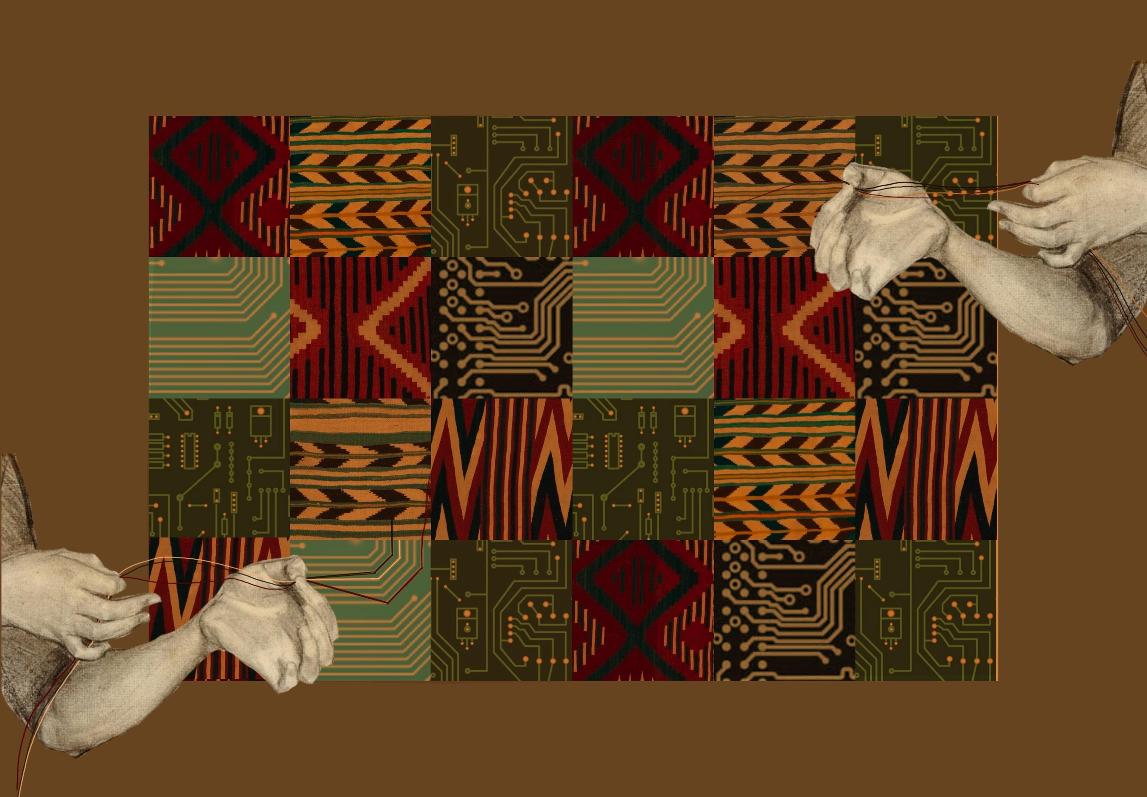 A collage that merges circuit board patterns with textile motifs in a grid-like background of alternating black, grey, and white. Two hand-drawn arms are on each side of the image, positioned as if gently pulling on thin, white strings that cross the image diagonally. The hands appear soft and somewhat translucent, contrasting with the rigid lines of the circuit board patterns behind them. The strings are woven through both the hands and the background, symbolising the connection between traditional weaving and modern technology. The overall colour palette features muted earth tones, including browns, beiges, and grays, creating a sense of both history and continuity between the natural and technological worlds..