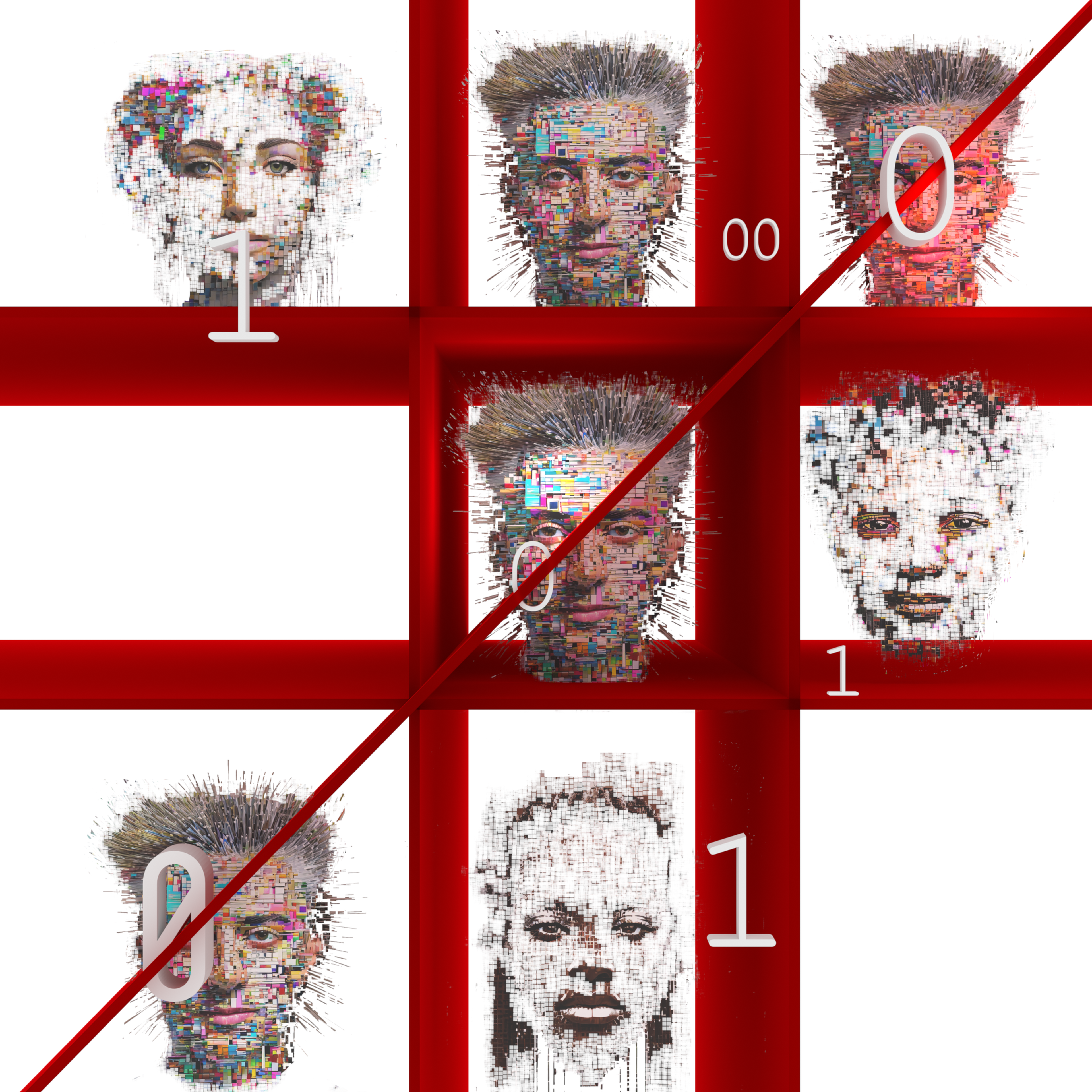 A tic-tac-toe board with human faces as digital blocks, symbolizing how AI works on pre-existing, biased online data for information processing and decision-making