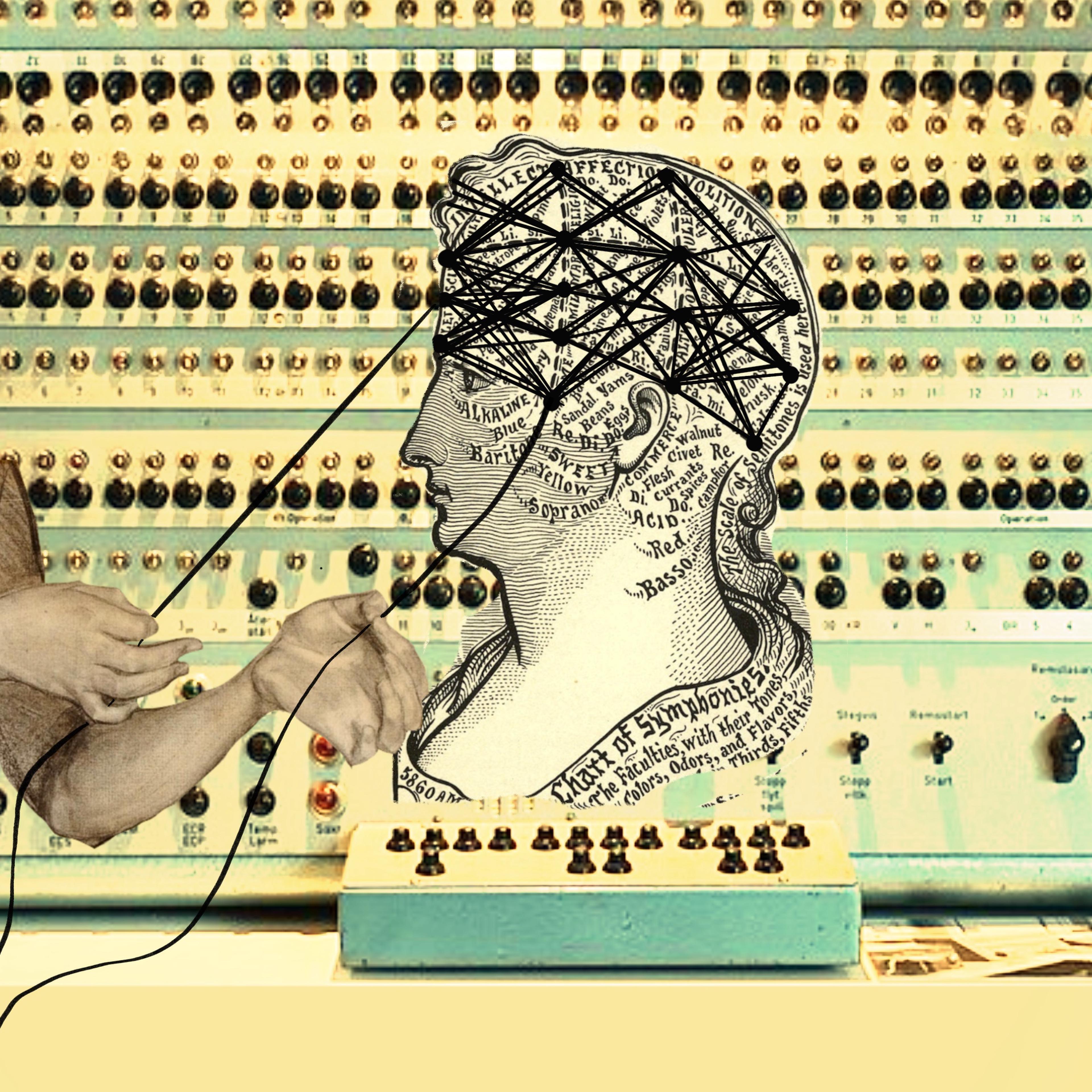 A collage featuring a vintage illustration of a woman’s head mapped with labeled sections resembling a phrenology chart. The mapped sections are overlaid by a neutral network diagram– depicting crisscrossing black lines. Two anonymous hands extend from the left side, pulling on two wires from the diagram.  In the background is a panel of the Turing Machine with numerous knobs and switches, highlighting a connection between the history of computing, psychology, biology, and artificial intelligence. 