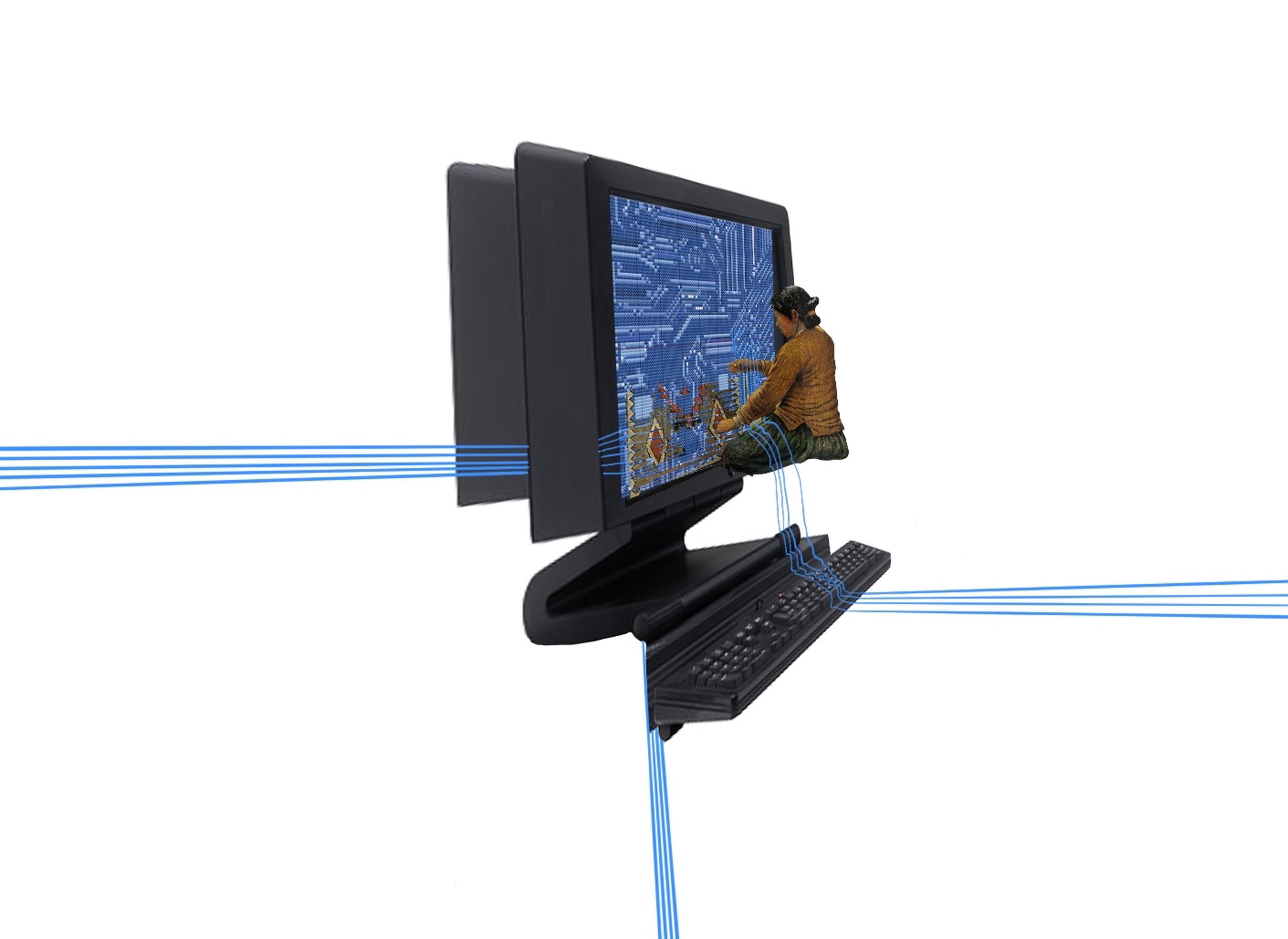 Digital collage featuring a computer monitor with circuit board patterns on the screen. A Navajo woman is seated on the edge of the screen, appearing to stitch or fix the digital landscape with their hands. Blue digital cables extend from the monitor, keyboard, and floor, connecting the image elements.