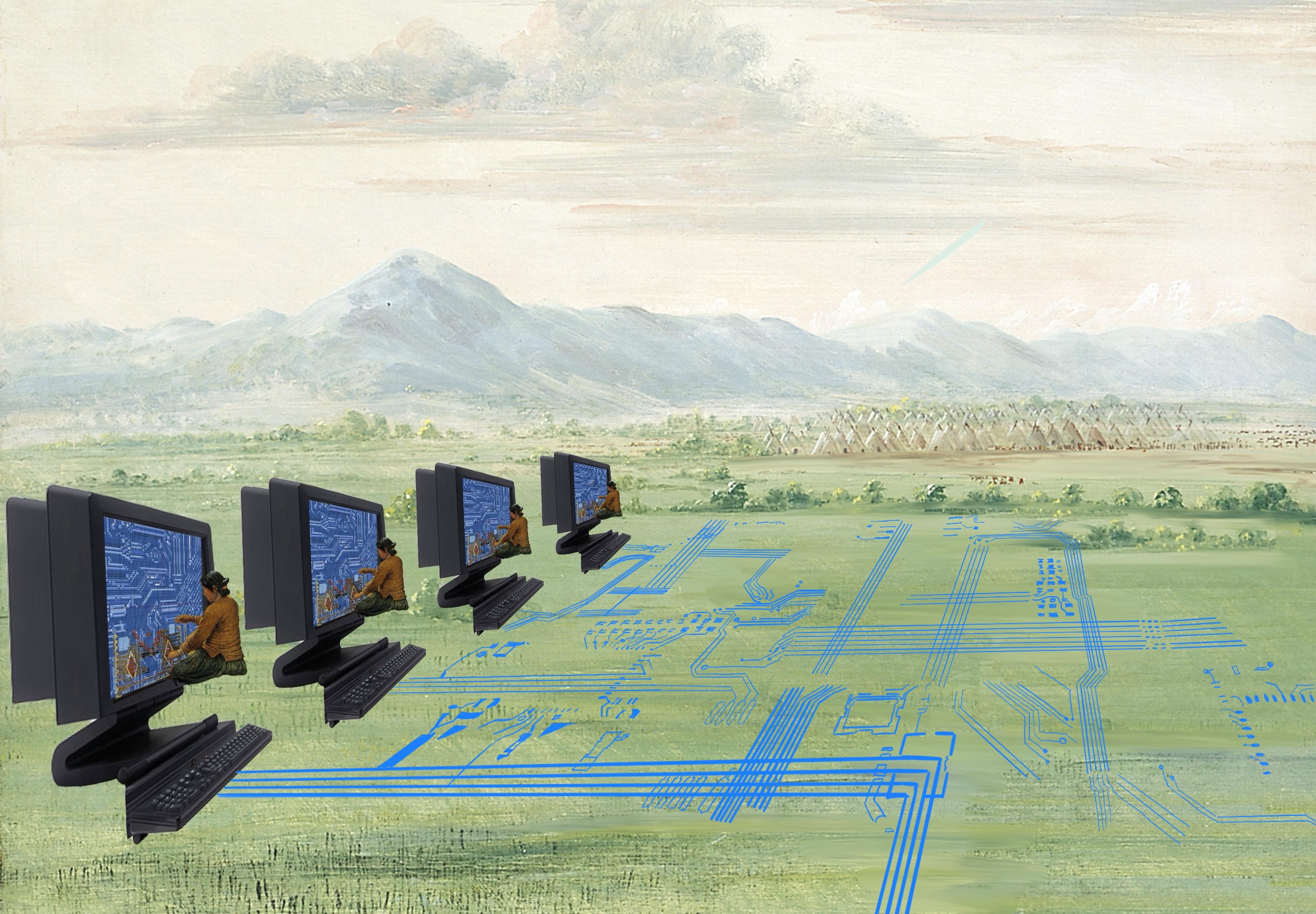 The image shows a surreal landscape with vast green fields extending toward distant mountains under a cloudy sky. Embedded in the fields are digital circuit patterns, resembling an intricate network of blue lines, representing a technological infrastructure. Five large computer monitors with keyboards are placed in a row, each with a Navajo woman sitting in front, weaving the computers. In the far distance, a cluster of teepees is visible.