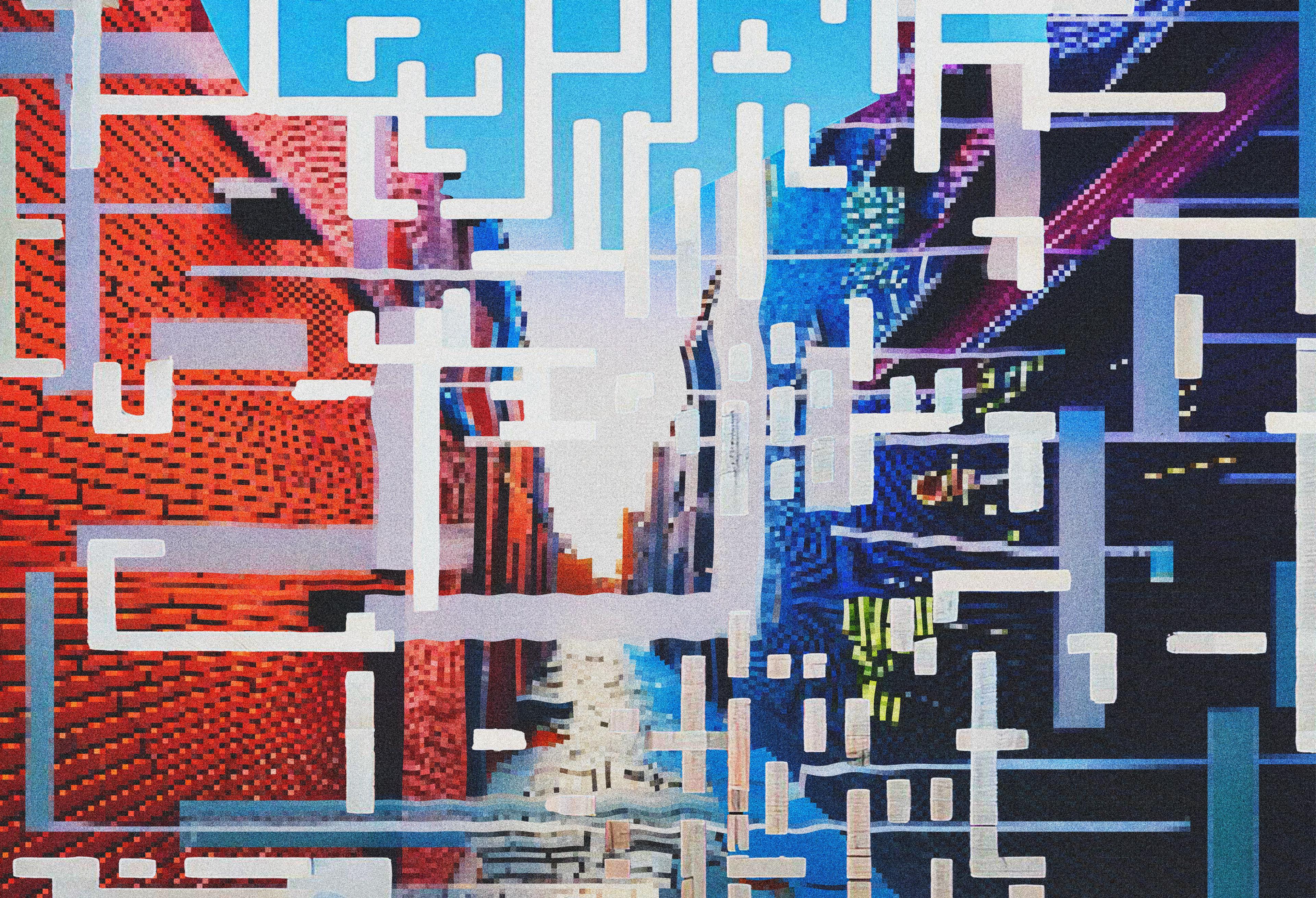 This image features 3 images of a street. Overlying the image are different shapes which are arranged to look like QR code symbols. These are in white/blue colours and intersect one another. The first image is clear, but the second is slightly more pixelated, and the final image is very pixelated. 