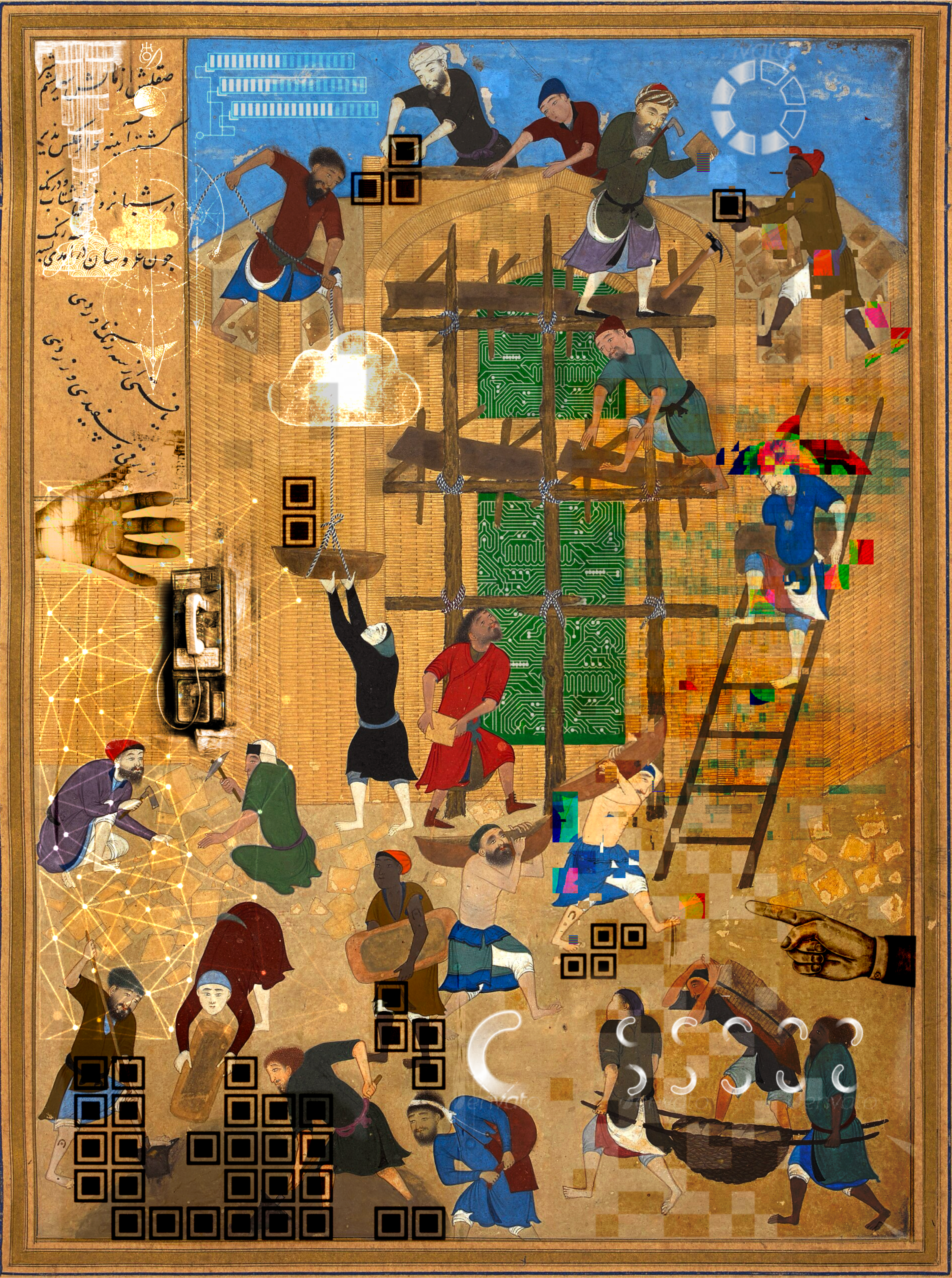 A detailed digital collage inspired by the aesthetic of medieval manuscript illustrations, depicts a vibrant scene of construction workers building a structure. The traditional elements, such as figures in traditional Persian gowns, wooden ladders, ropes, and woven sacks, are interwoven with modern technological motifs like circuit boards, QR codes, and cloud icons. Bright, glowing, golden networks of interconnected nodes and symbols of digital technology overlay the scene, blending the past and present. On the left, Arabic calligraphy is imprinted onto the paper. The composition uses contrasting textures and colours to juxtapose and interweave the themes and eras.