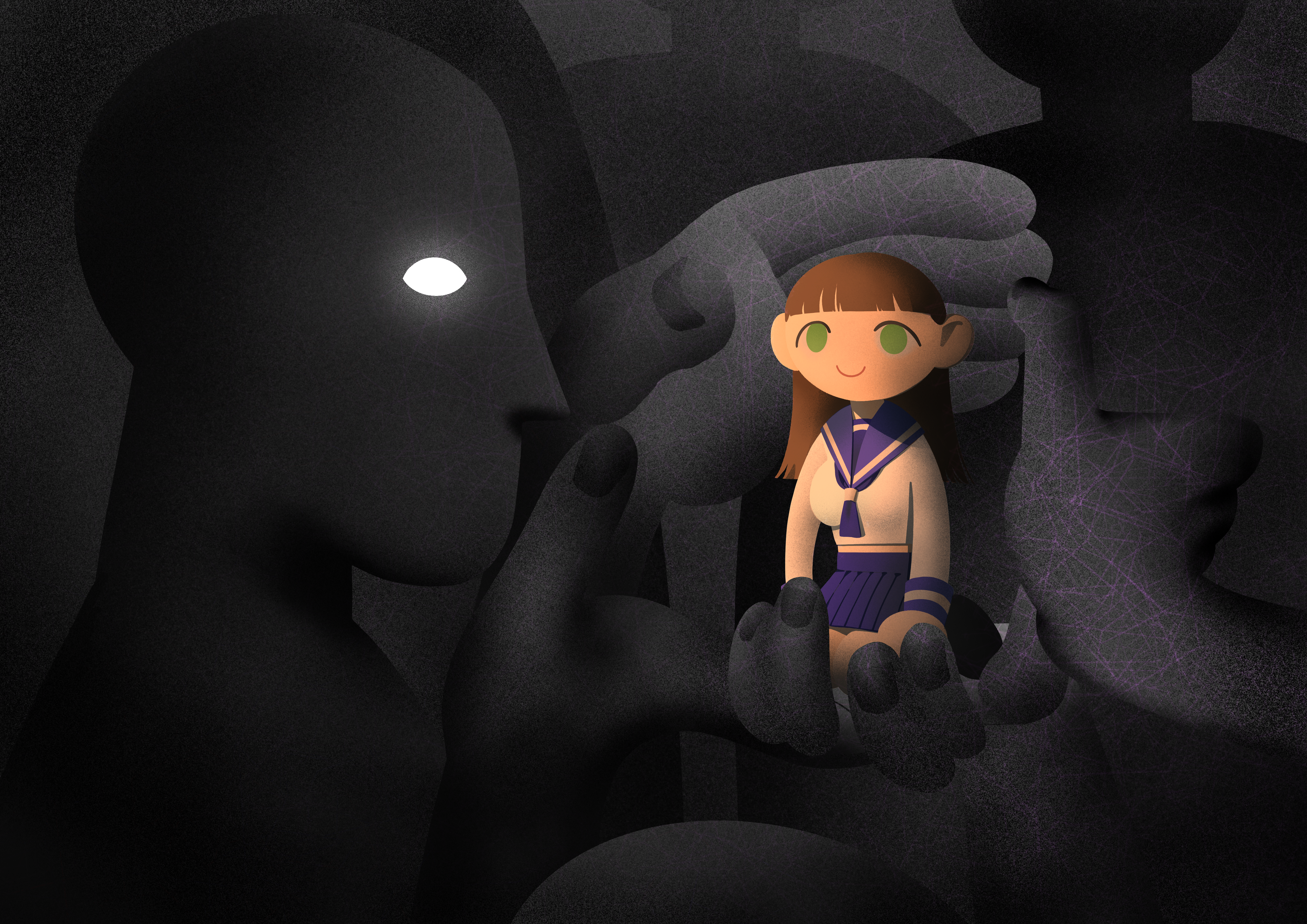 A young female character, representing a doll, in a school uniform who is illustrated in the Japanese artistic and cultural 'Kawaii' style. The bright doll with green eyes is in the palm of an anonymous and sinister figure and surrounded by darkness and shadow in contrast to her colourful uniform. There is a faint web-like pattern on the figures and the background.