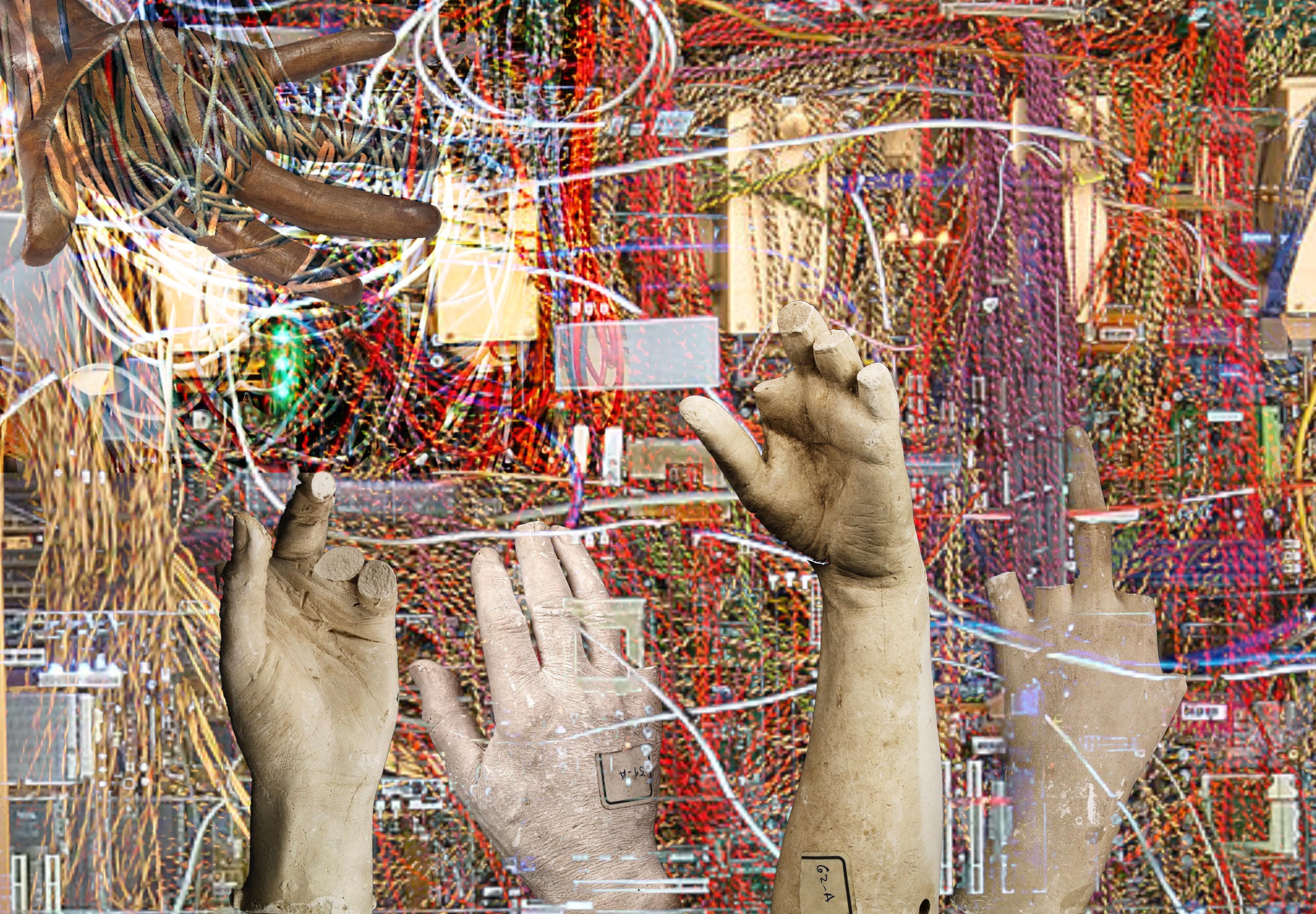 The image depicts a series of stone-like hands, fractured and cracked, reaching out in various directions from a chaotic mass of tangled wires. Some hands display broken fingers, while archival tags on others suggest anonymity and erasure. The juxtaposition of human forms and technological wires evokes themes of labor, exploitation, and the often unseen physical work behind the tech industry.