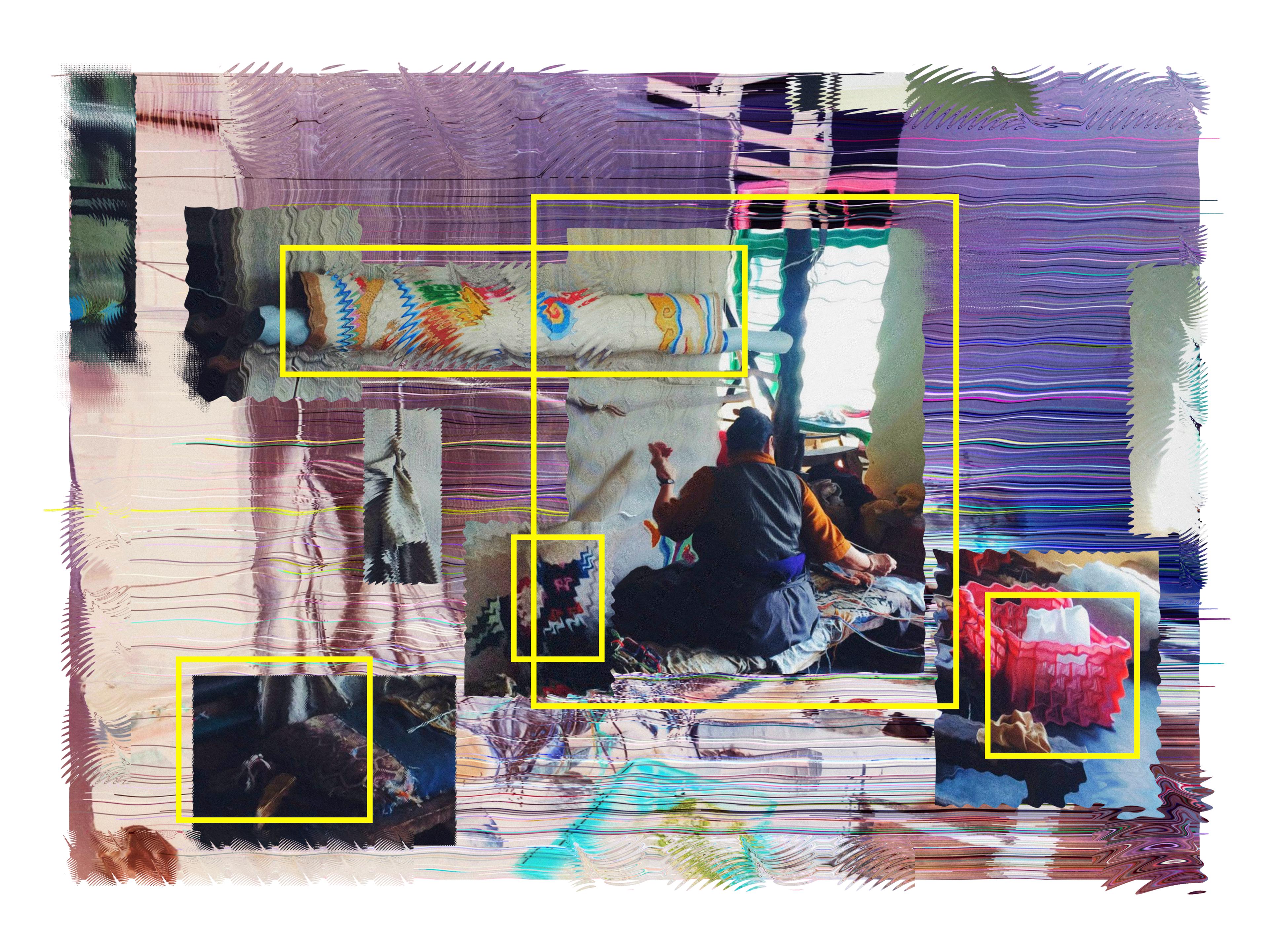 Traditional Tibetan weaver in Dharamsala India working at a loom, framed by yellow bounding boxes that classify different elements of textile craft. The image features digital distortion effects and fragmented views of weaving tools and finished textiles. Text has been selectively blanched from the composition, symbolizing whose voices are included or excluded in conversations about digital transformation.