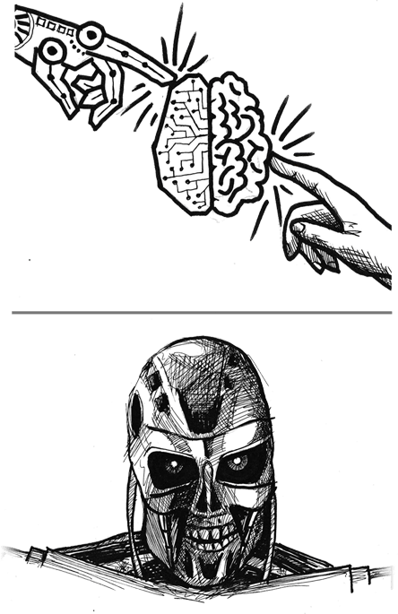 Above: A sketch of a robot hand and a human hand touching a schematic of a brain. Below: A sketch of the Terminator's head